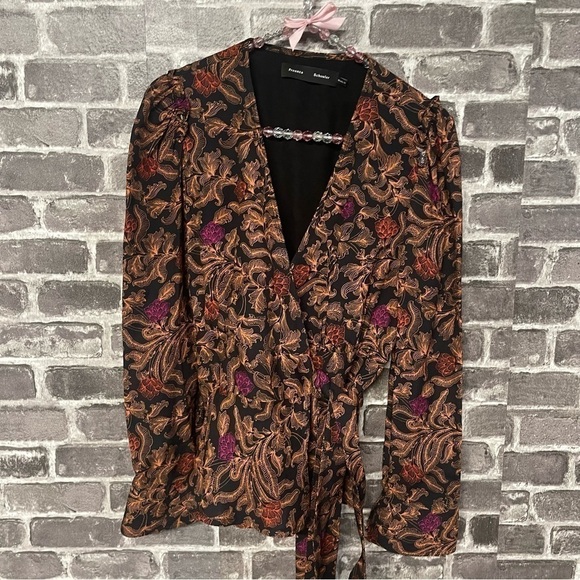 PROENZA SCHOULER Long Sleeve Floral Print Wrap Top orange black